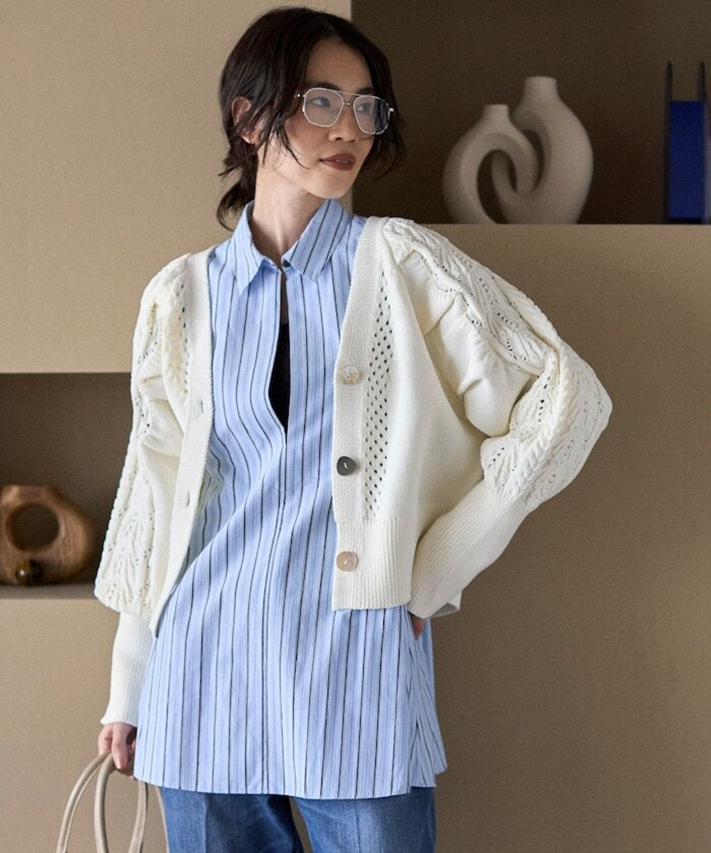 FREAKS STORE 立體麻花編織澎袖貝殼釦針織外套_1