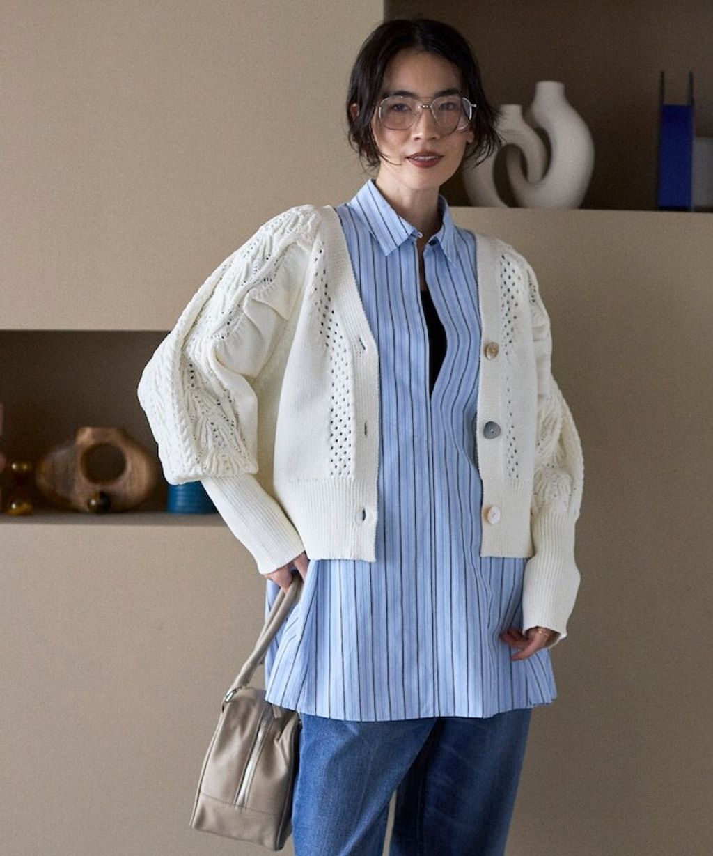 FREAKS STORE 立體麻花編織澎袖貝殼釦針織外套_6