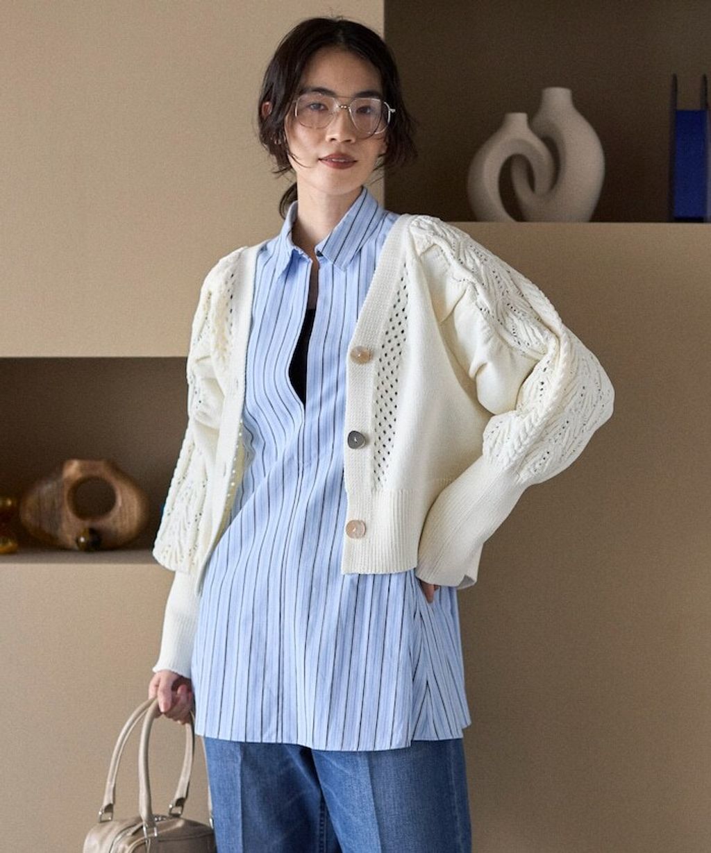 FREAKS STORE 立體麻花編織澎袖貝殼釦針織外套_11