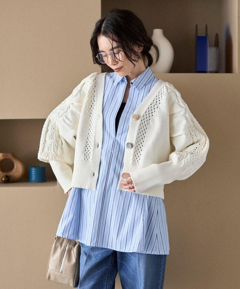 FREAKS STORE 立體麻花編織澎袖貝殼釦針織外套_7