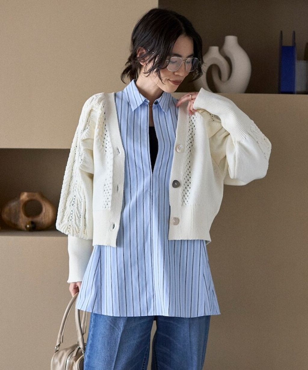 FREAKS STORE 立體麻花編織澎袖貝殼釦針織外套_13