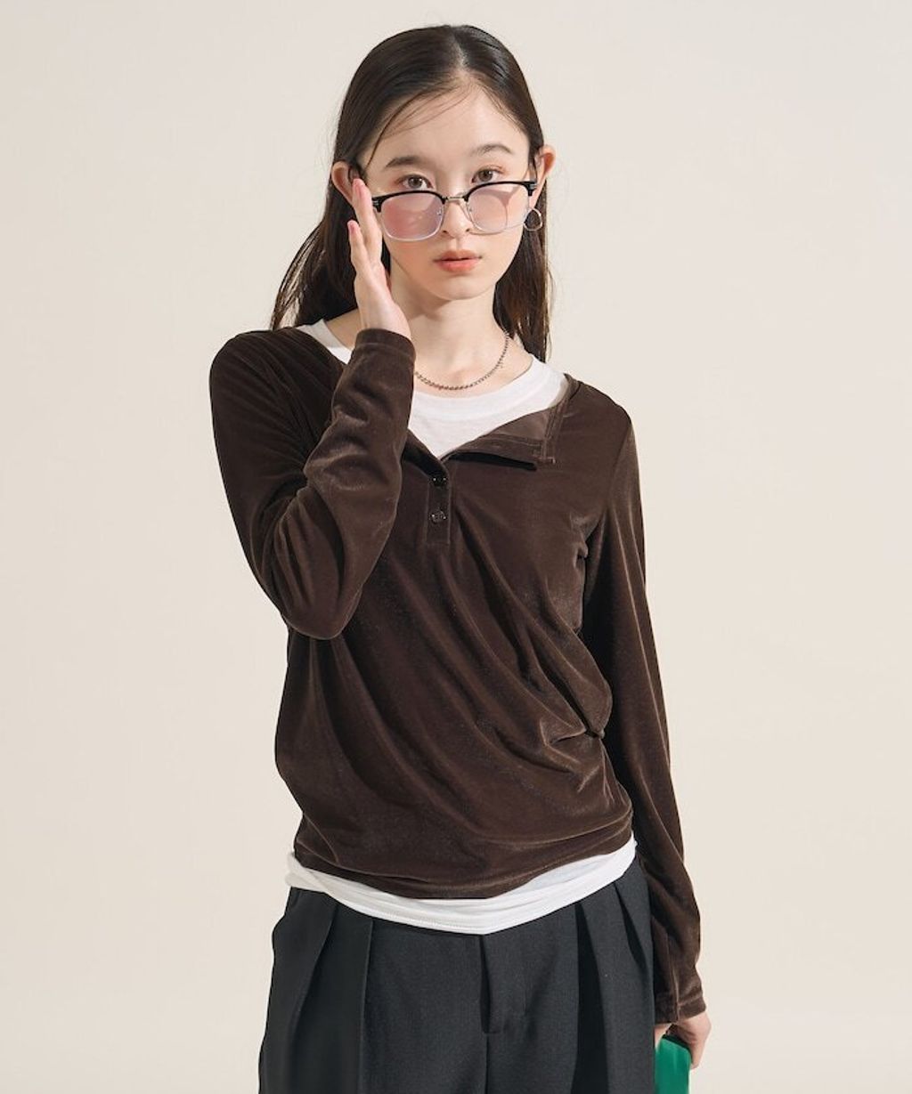 FREAKS STORE 天鵝絨亨利領修身長袖上衣_3