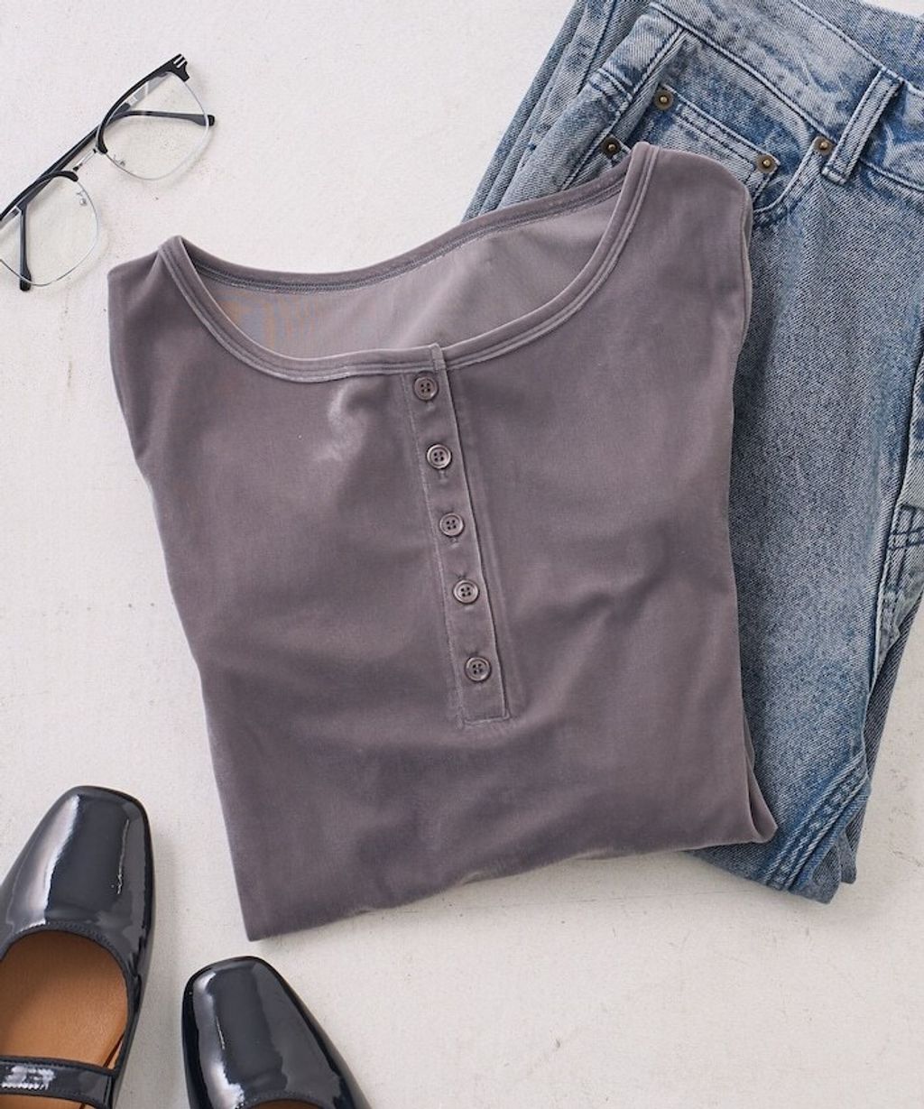 FREAKS STORE 天鵝絨亨利領修身長袖上衣_1