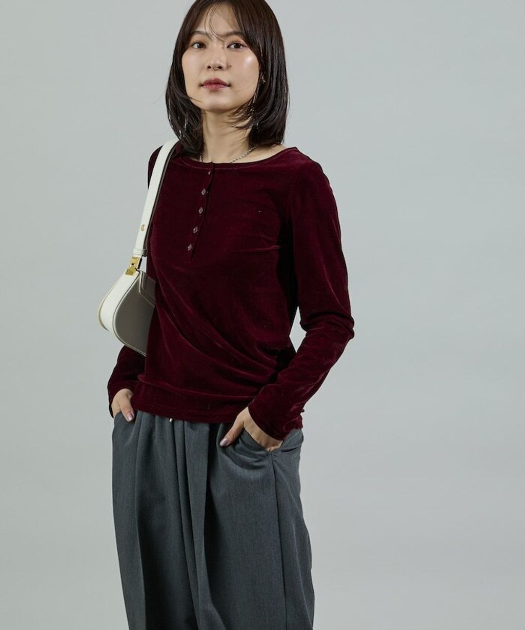 FREAKS STORE 天鵝絨亨利領修身長袖上衣_28