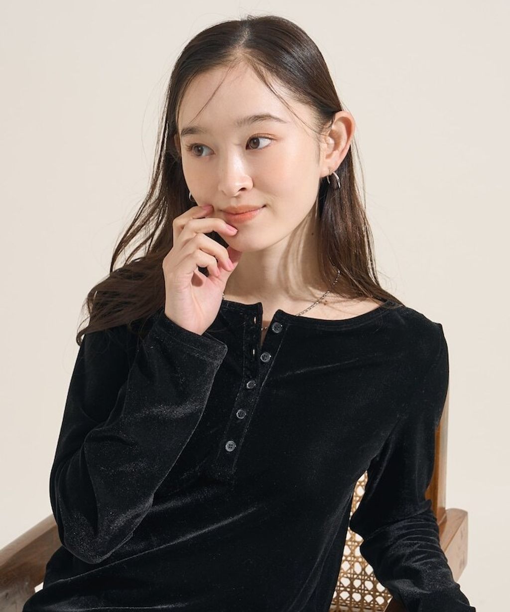 FREAKS STORE 天鵝絨亨利領修身長袖上衣_6