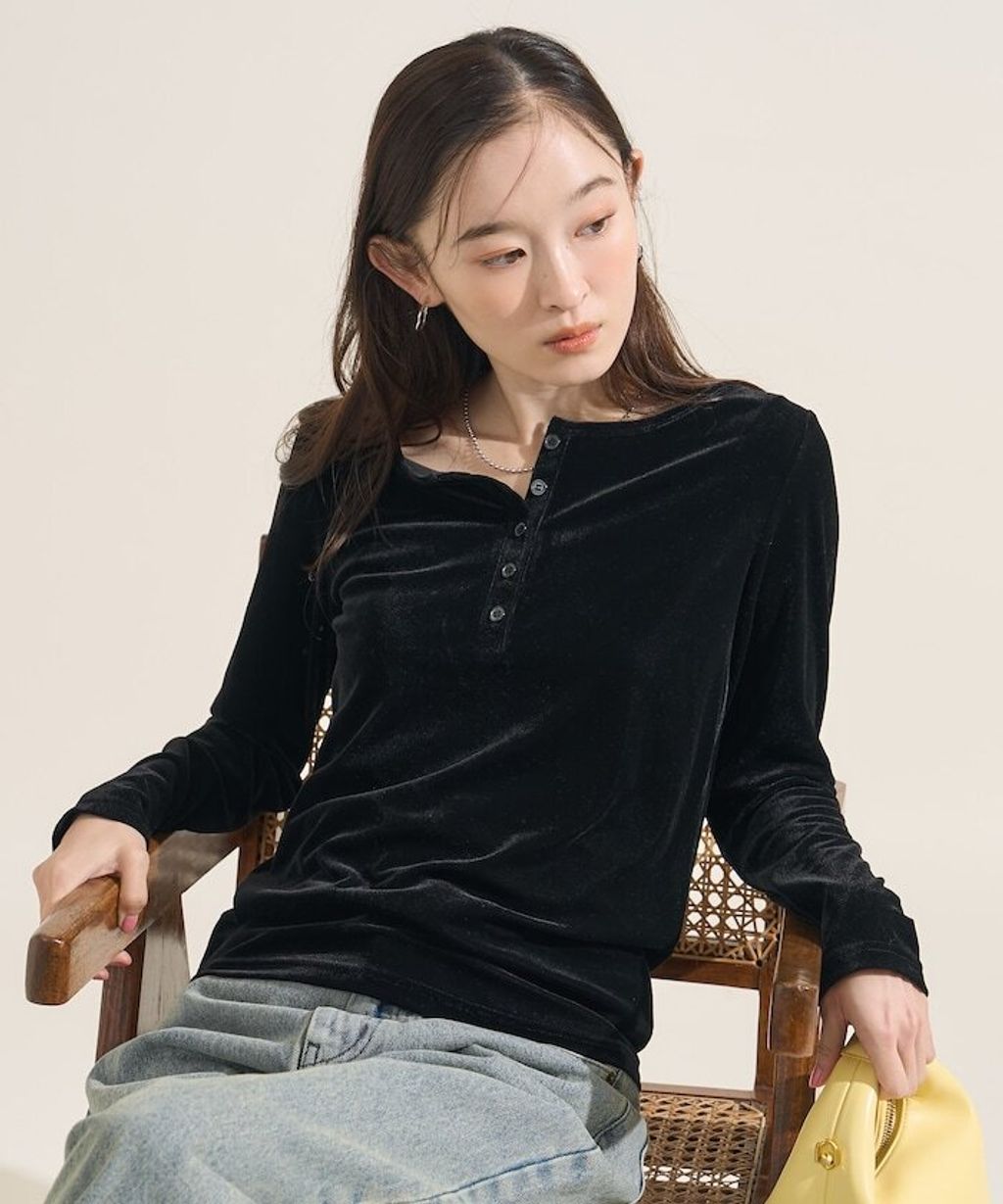 FREAKS STORE 天鵝絨亨利領修身長袖上衣_5