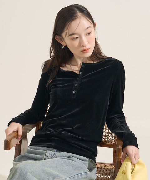 FREAKS STORE 天鵝絨亨利領修身長袖上衣_5