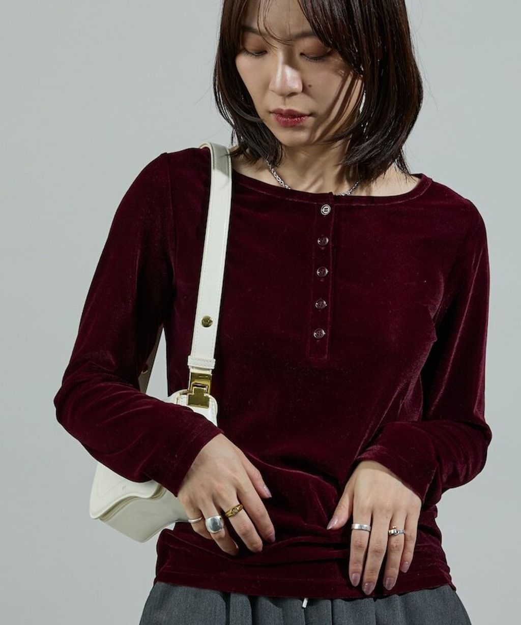 FREAKS STORE 天鵝絨亨利領修身長袖上衣_29