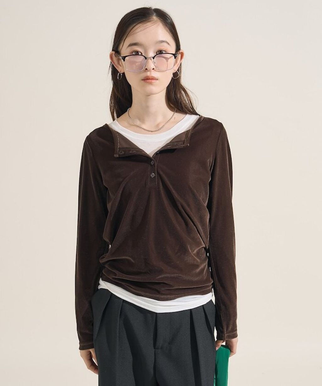 FREAKS STORE 天鵝絨亨利領修身長袖上衣_17