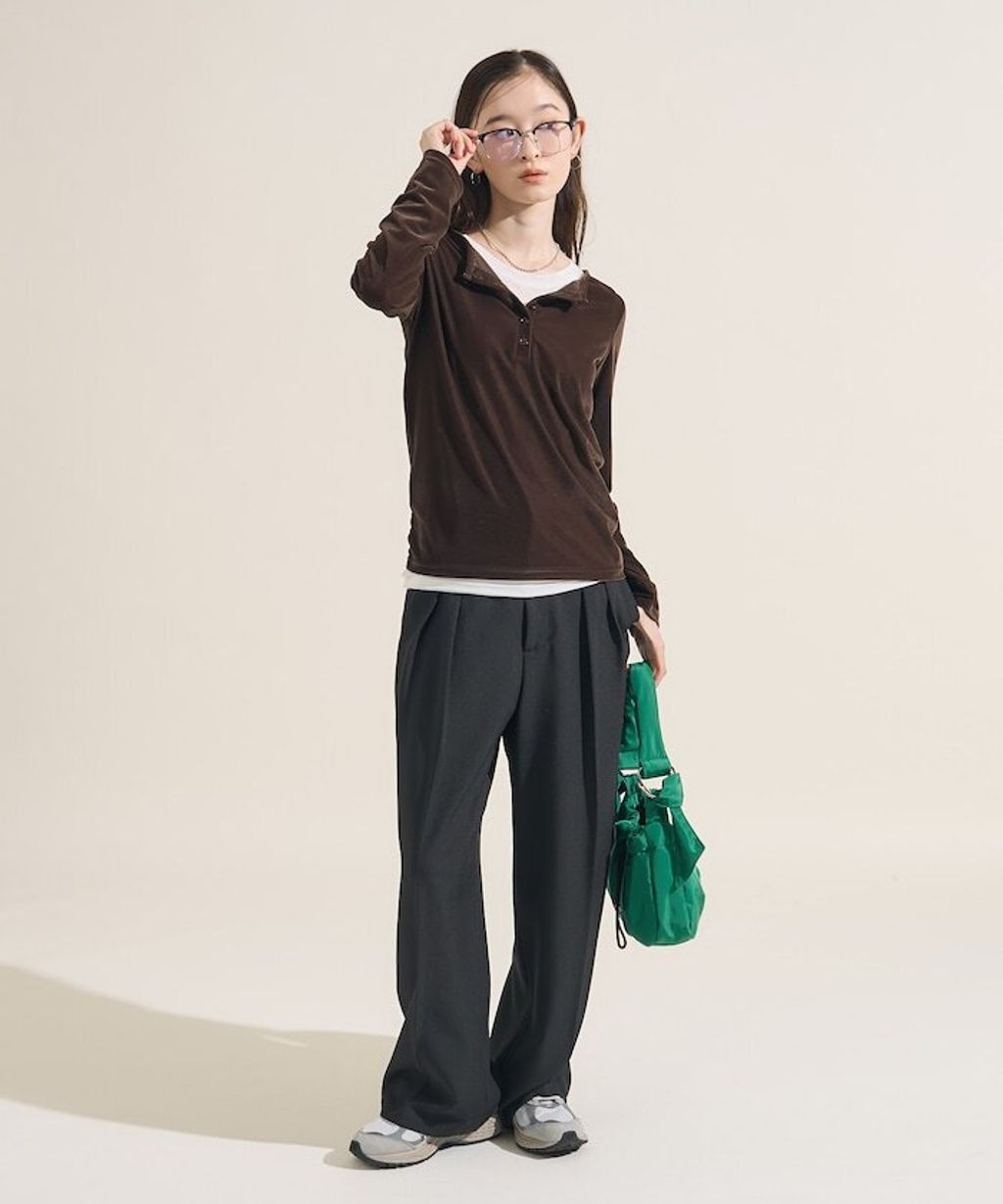 FREAKS STORE 天鵝絨亨利領修身長袖上衣_13