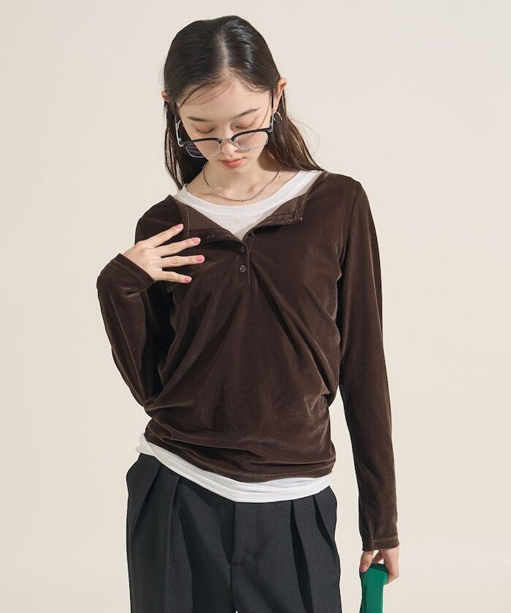 FREAKS STORE 天鵝絨亨利領修身長袖上衣_19