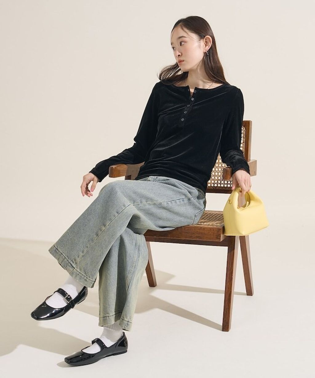 FREAKS STORE 天鵝絨亨利領修身長袖上衣_8