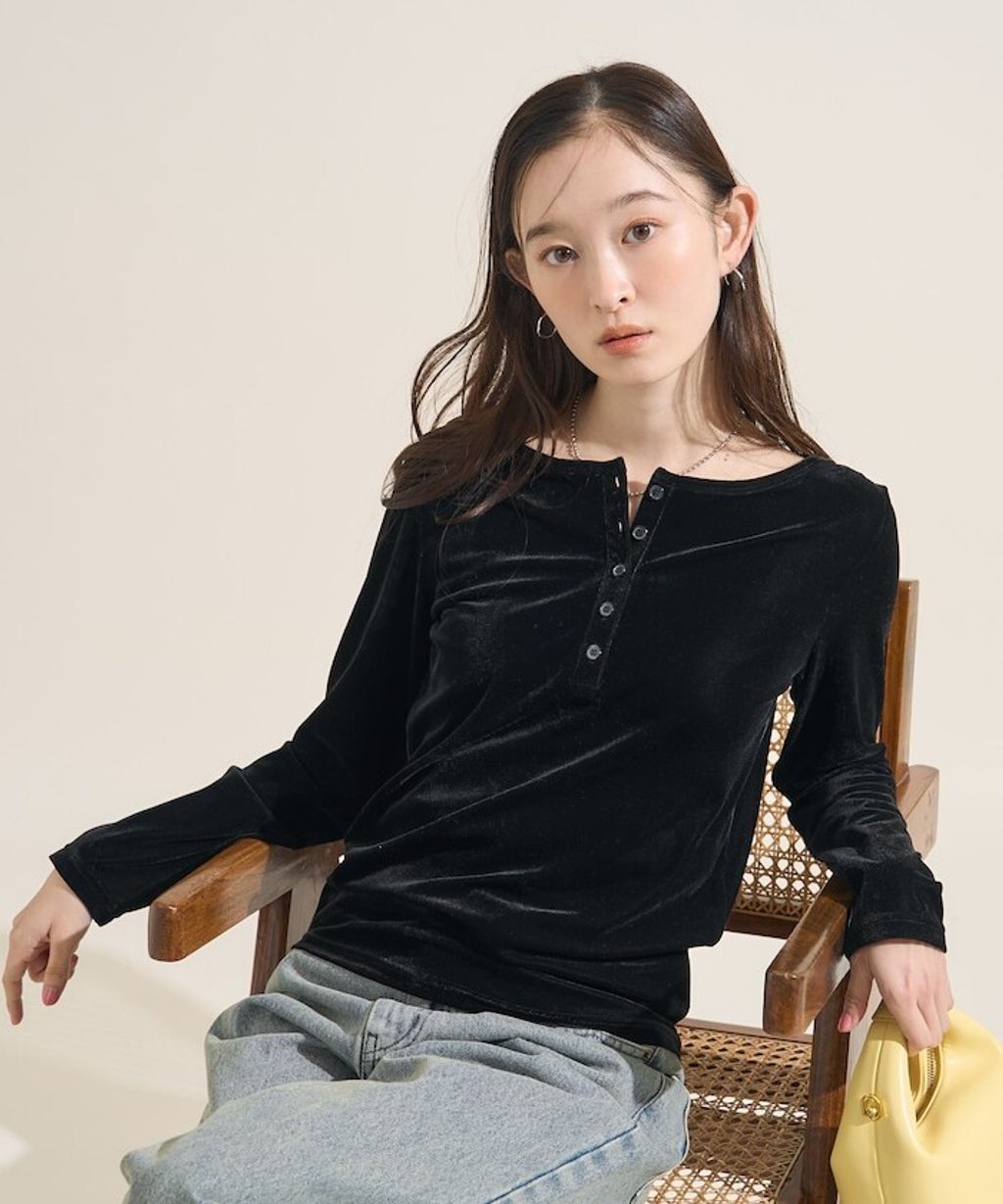 FREAKS STORE 天鵝絨亨利領修身長袖上衣_10