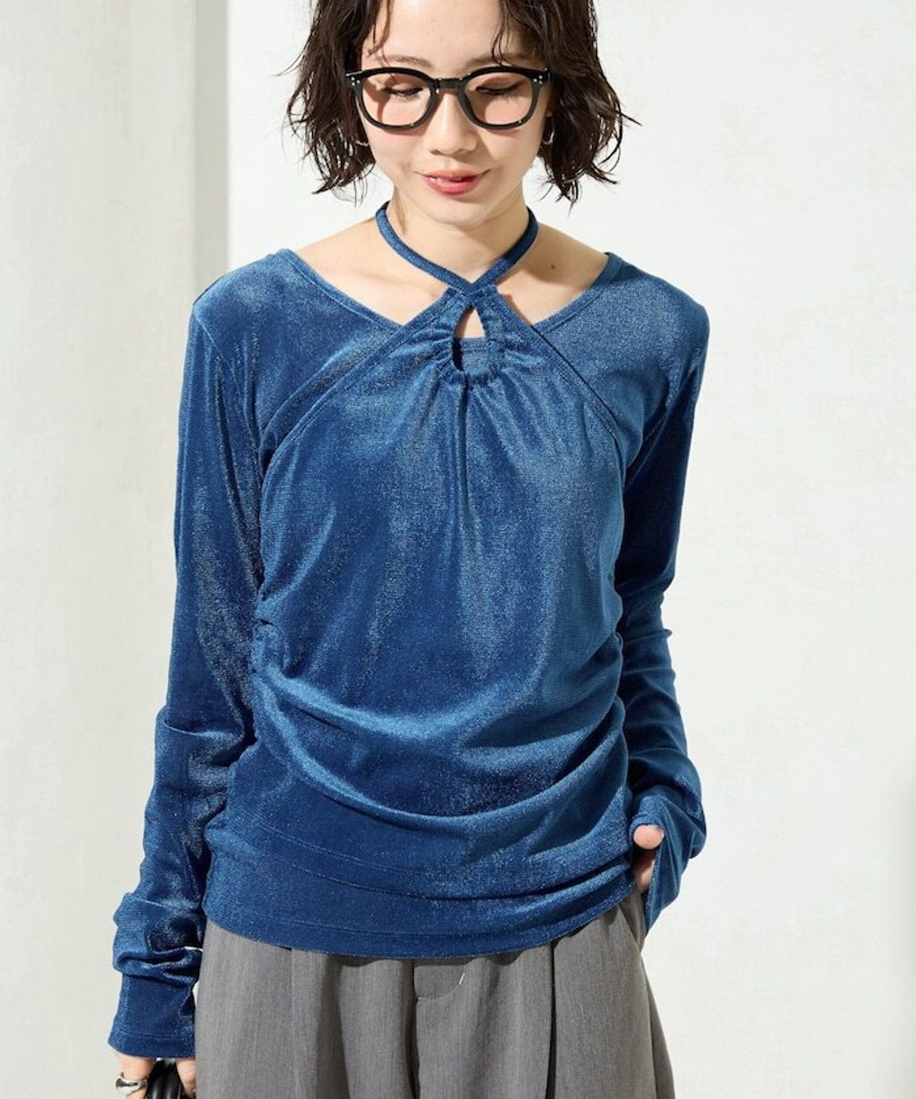 FREAKS STORE 透膚植絨掛脖層次長袖上衣_4