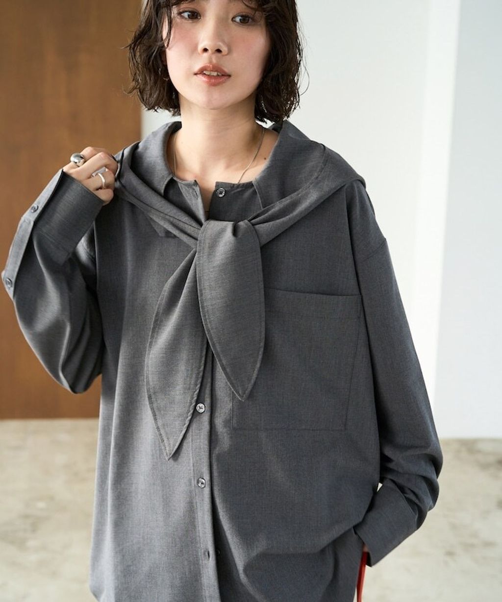 FREAKS STORE 設計感領結連帽長版襯衫_2