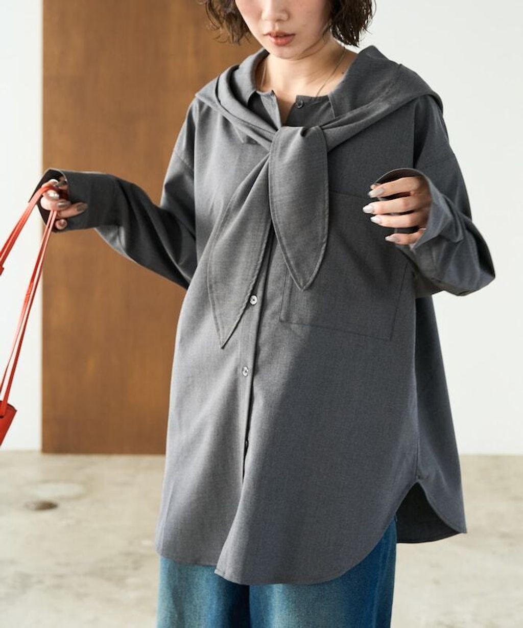 FREAKS STORE 設計感領結連帽長版襯衫_17