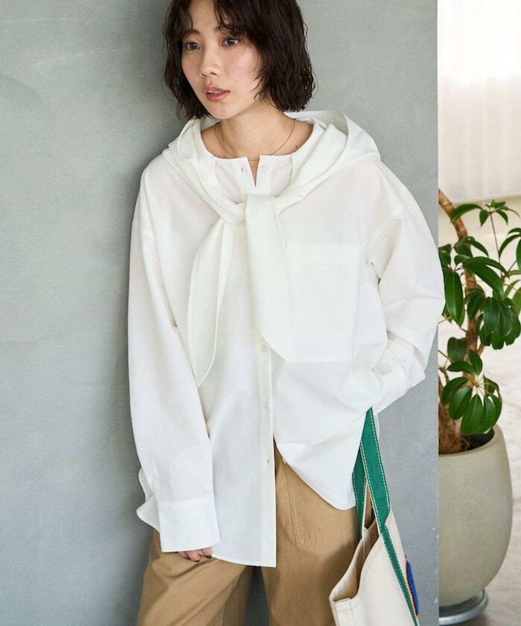 FREAKS STORE 設計感領結連帽長版襯衫_10