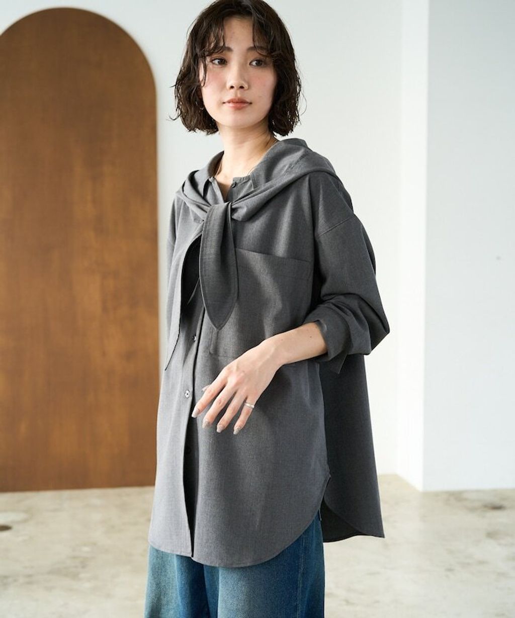 FREAKS STORE 設計感領結連帽長版襯衫_20