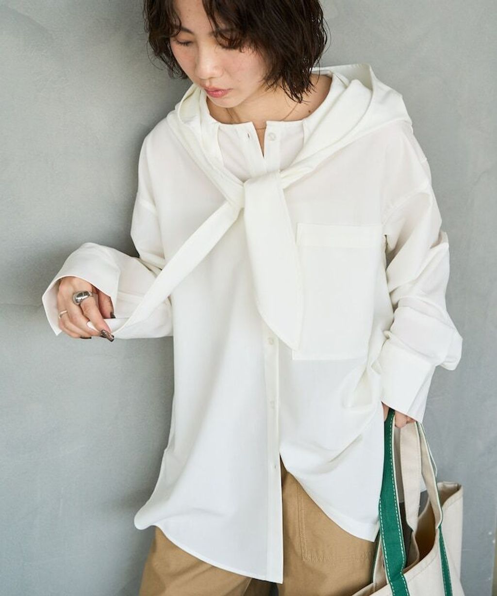 FREAKS STORE 設計感領結連帽長版襯衫_11