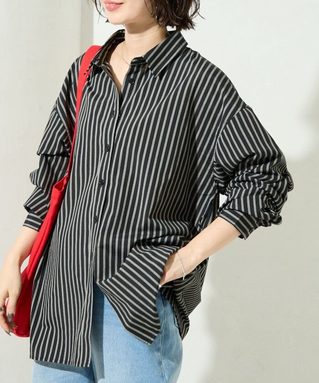 FREAKS STORE 日系感微寬鬆後綁帶編織條紋襯衫_1