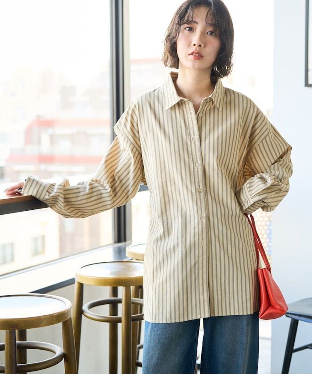 FREAKS STORE 日系感微寬鬆後綁帶編織條紋襯衫_4