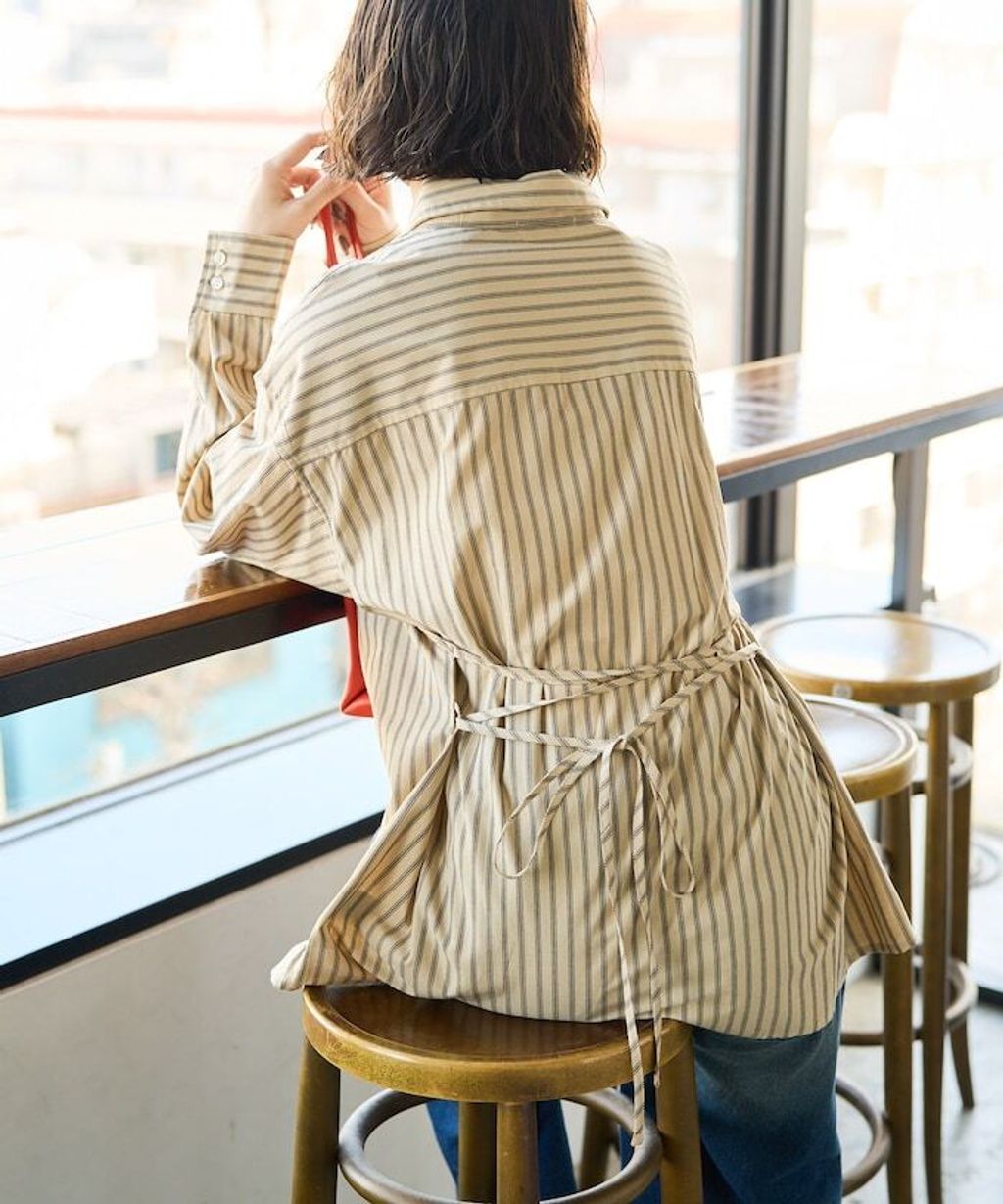 FREAKS STORE 日系感微寬鬆後綁帶編織條紋襯衫_2