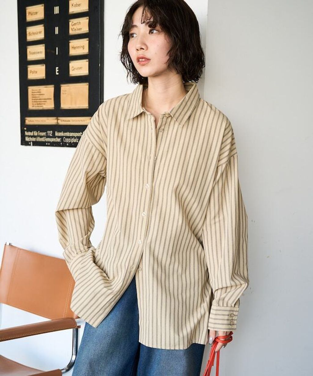 FREAKS STORE 日系感微寬鬆後綁帶編織條紋襯衫_6