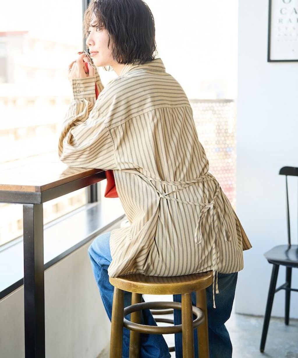 FREAKS STORE 日系感微寬鬆後綁帶編織條紋襯衫_7