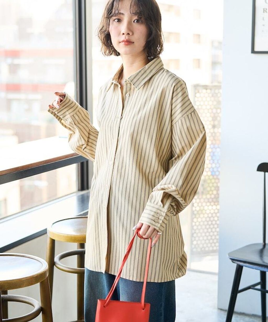 FREAKS STORE 日系感微寬鬆後綁帶編織條紋襯衫_5