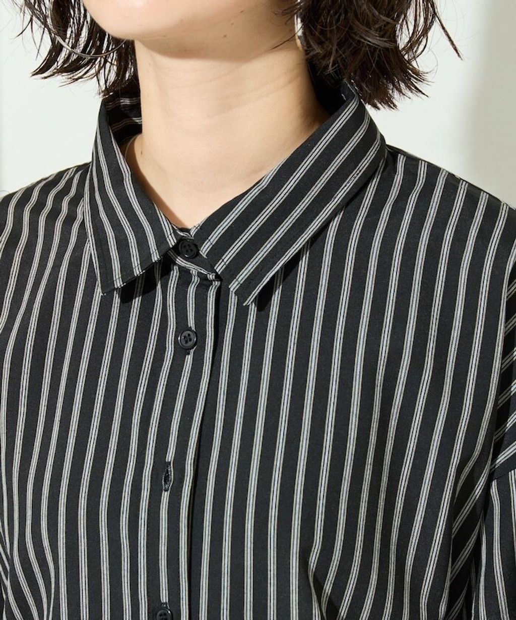 FREAKS STORE 日系感微寬鬆後綁帶編織條紋襯衫_40