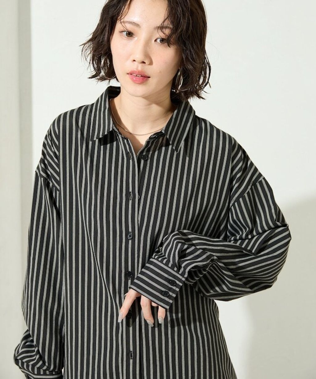 FREAKS STORE 日系感微寬鬆後綁帶編織條紋襯衫_35