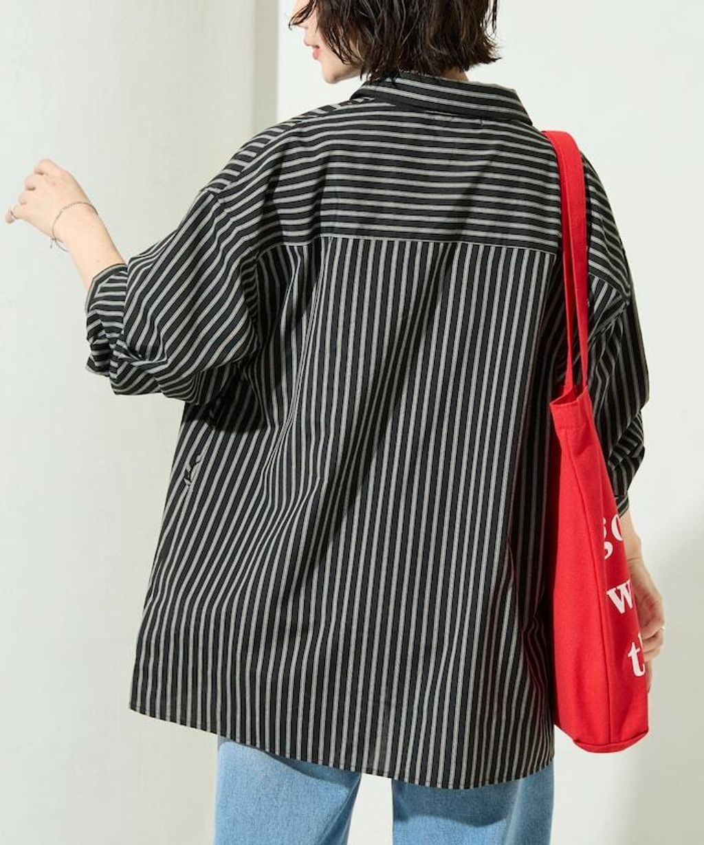 FREAKS STORE 日系感微寬鬆後綁帶編織條紋襯衫_28