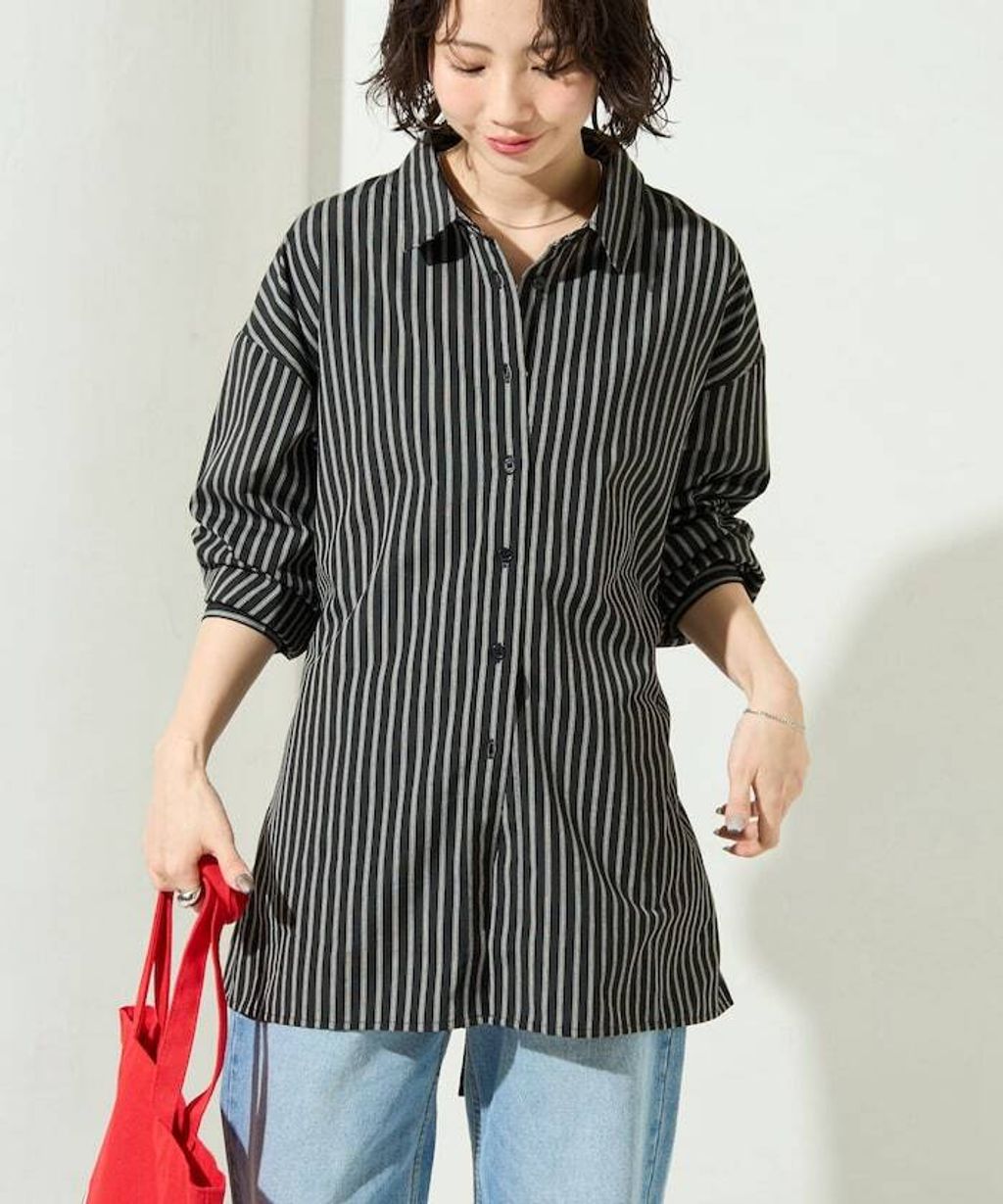 FREAKS STORE 日系感微寬鬆後綁帶編織條紋襯衫_32