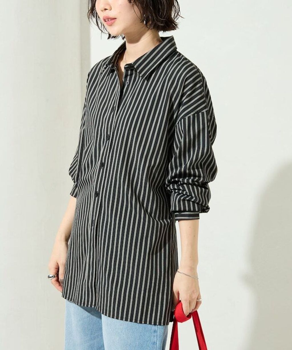 FREAKS STORE 日系感微寬鬆後綁帶編織條紋襯衫_34