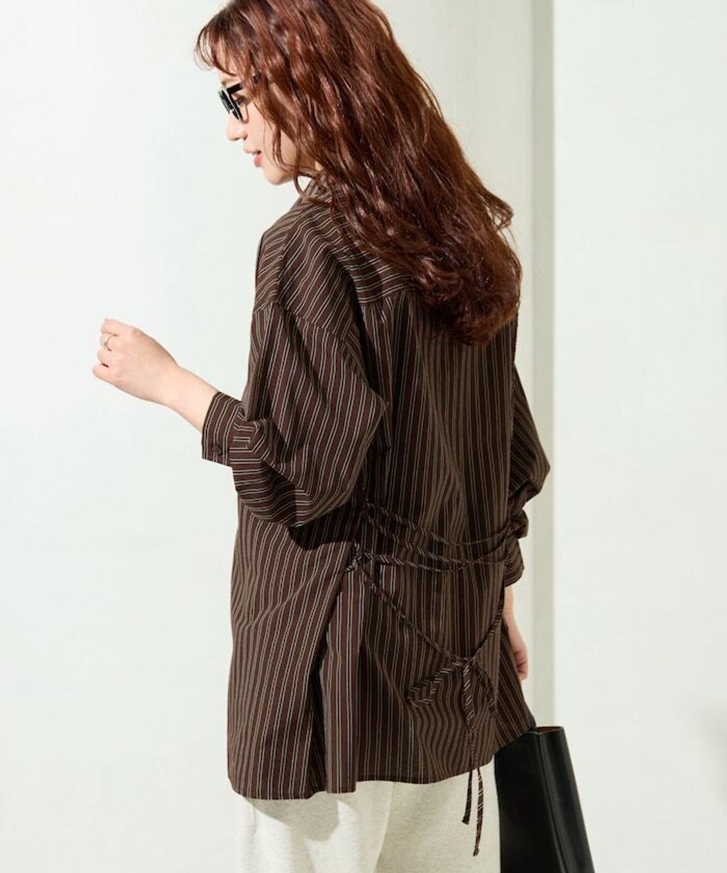 FREAKS STORE 日系感微寬鬆後綁帶編織條紋襯衫_22