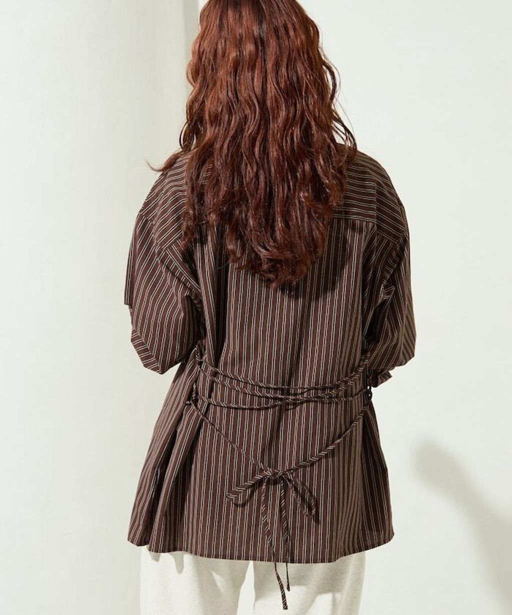 FREAKS STORE 日系感微寬鬆後綁帶編織條紋襯衫_21