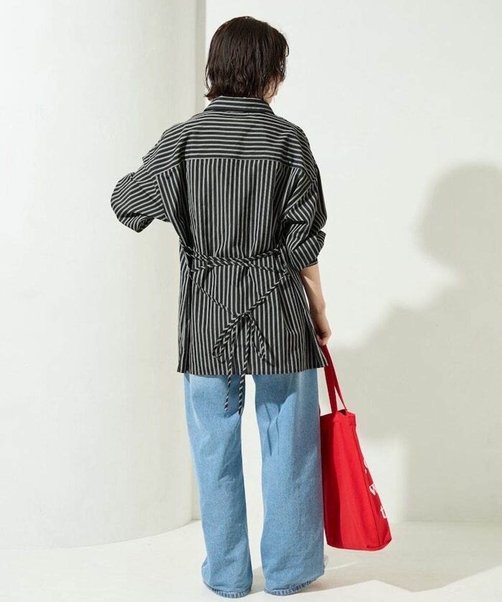 FREAKS STORE 日系感微寬鬆後綁帶編織條紋襯衫_31