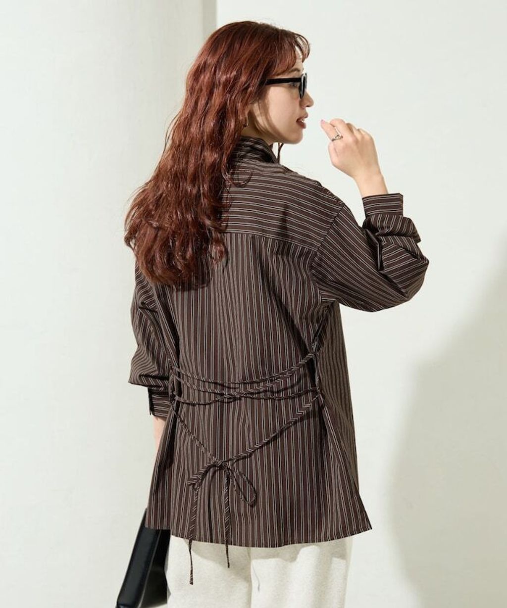 FREAKS STORE 日系感微寬鬆後綁帶編織條紋襯衫_20