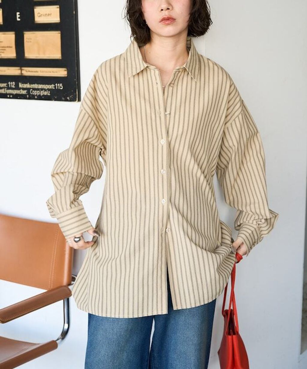 FREAKS STORE 日系感微寬鬆後綁帶編織條紋襯衫_11