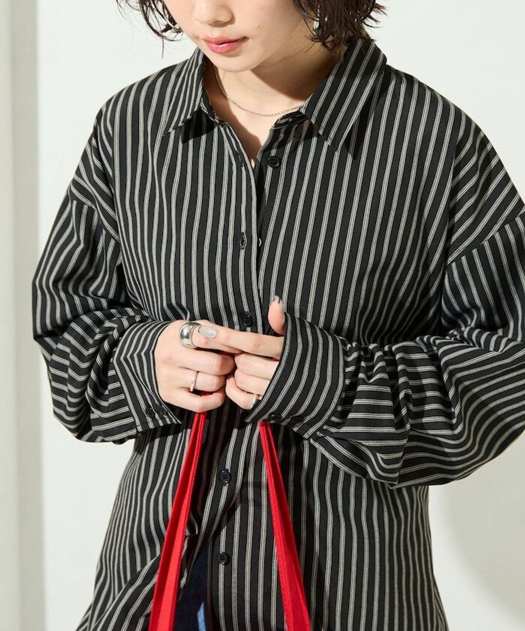 FREAKS STORE 日系感微寬鬆後綁帶編織條紋襯衫_36