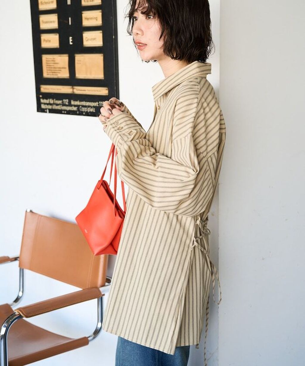 FREAKS STORE 日系感微寬鬆後綁帶編織條紋襯衫_13