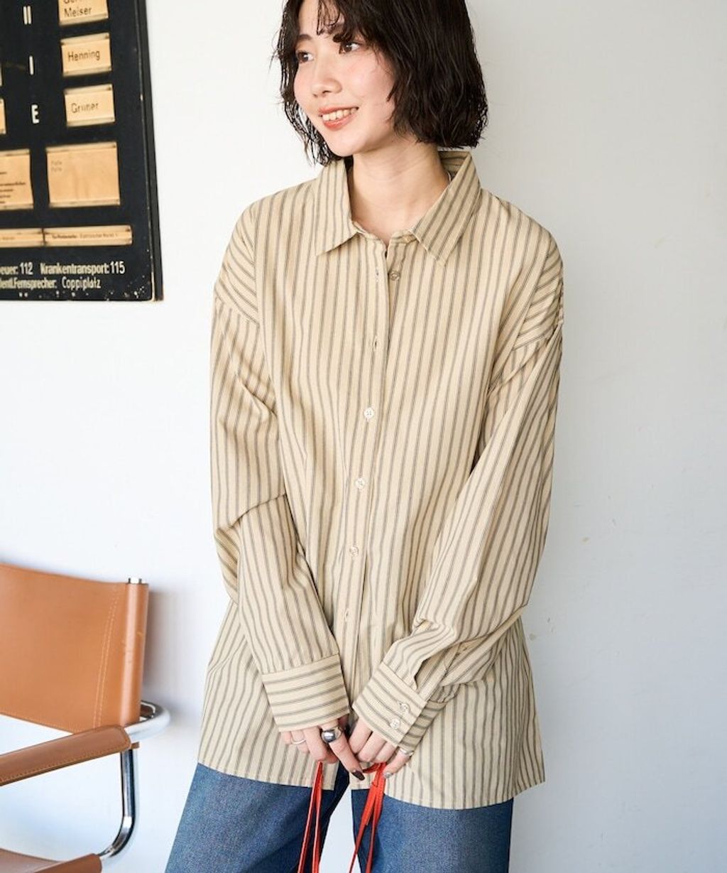 FREAKS STORE 日系感微寬鬆後綁帶編織條紋襯衫_12