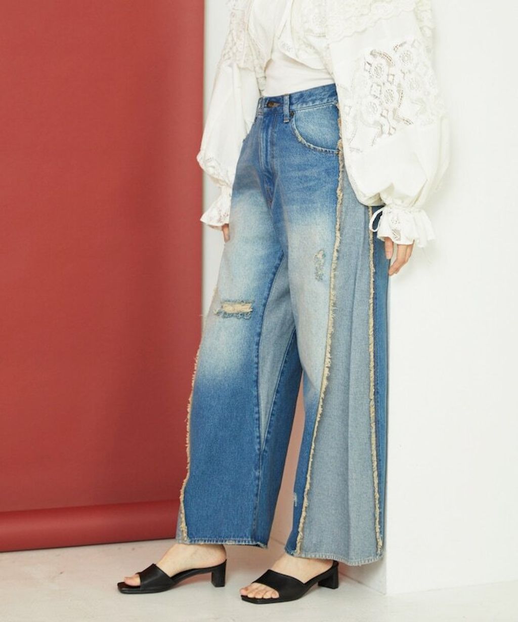 Freada 立體剪裁弧形曲線丹寧寬褲_3