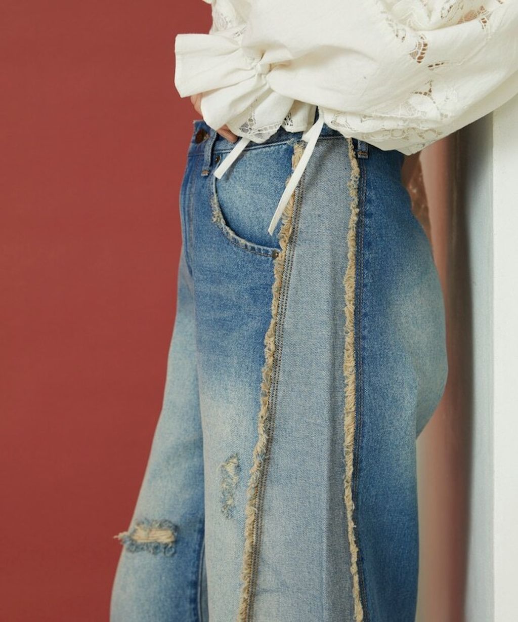 Freada 立體剪裁弧形曲線丹寧寬褲_4