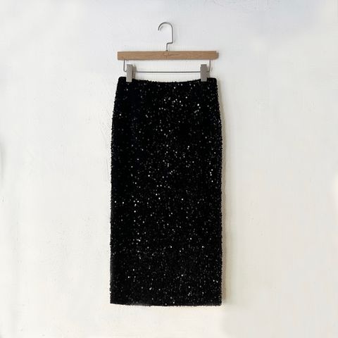 亮片絨彈性後開岔直裙