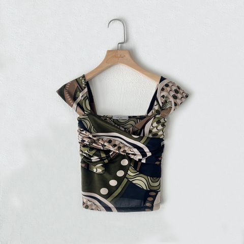 肩帶胸口抓皺小背心-棕綠印花網紗-正面