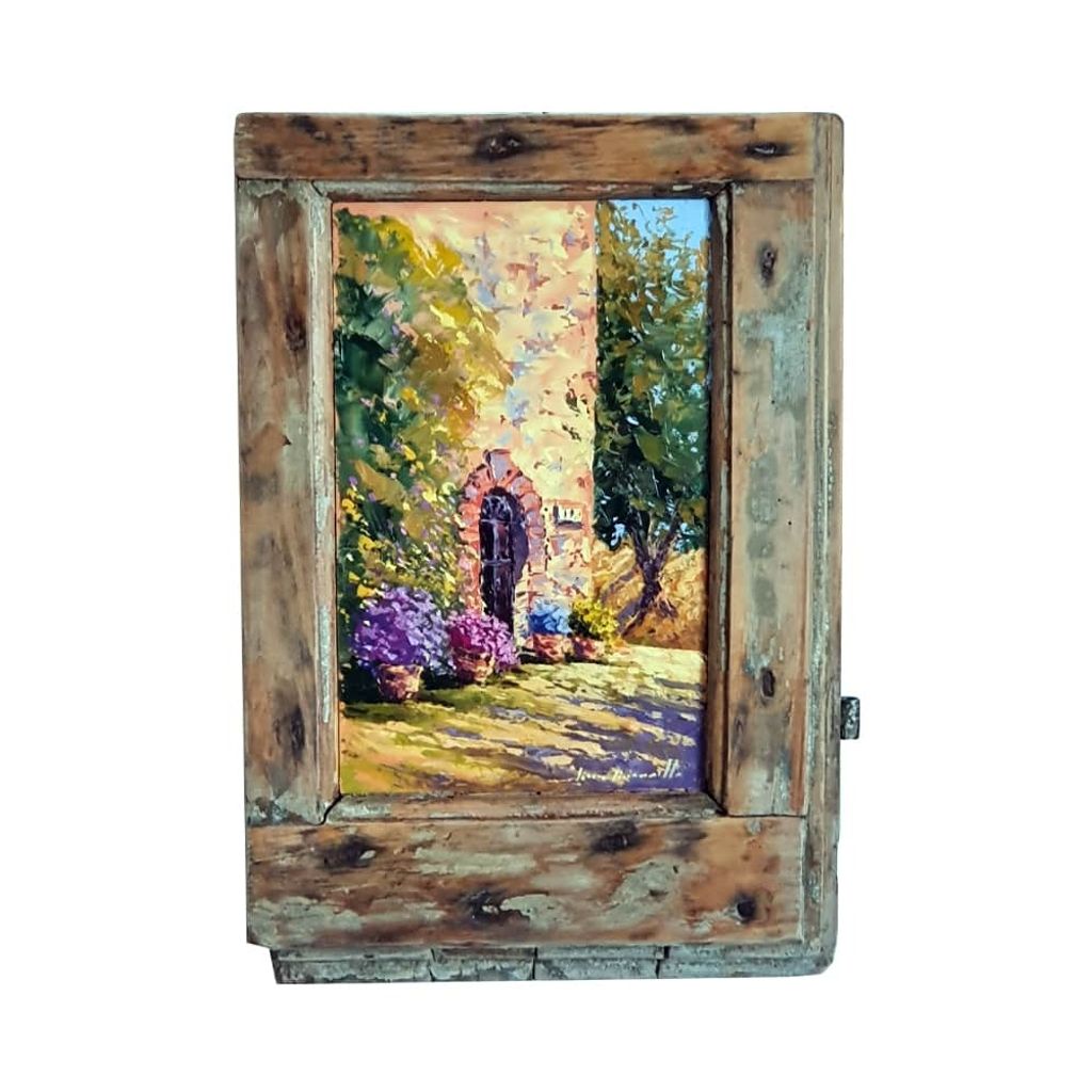 Painted on Wooden Window - Tuscan Landscape - Country House - 37x52cm– Finestre Toscane