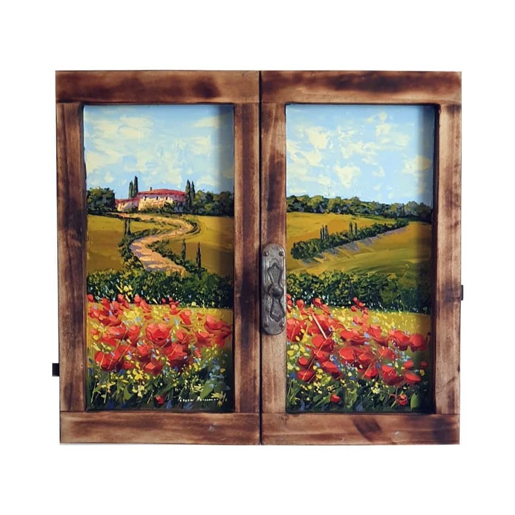 Painted on Wooden Window - Tuscan Landscape - Poppies - 57x52cm– Finestre Toscane