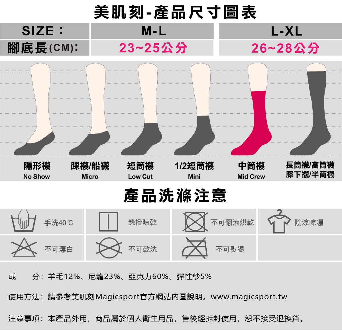 美肌刻Magicsport_商品_襪子尺寸_產品尺寸表-公版(中筒襪)800x406