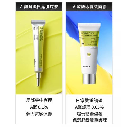 比較compare-Celimax-A醛緊緻雙效面霜和A醛微晶肌底液-The-Vita-A-RETINAL-SHOT-TIGHTENING-DUAL-CREAM-and-Booster-原廠授權圖-universomart-宇碩協銷有限公司